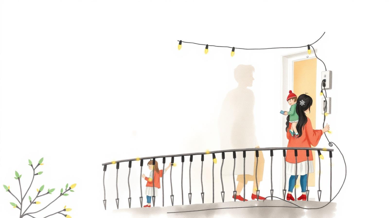 Ilustración de una familia colgando luces de navidad en el balcón de un departamento de Buenos Aires