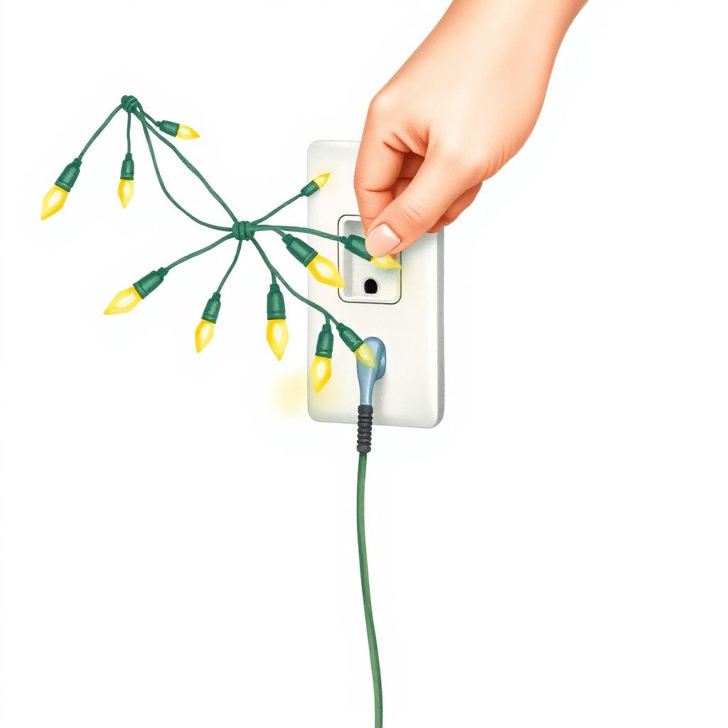 Ilustración de una mano enchufando una guirnalda de luces de navidad de forma segura