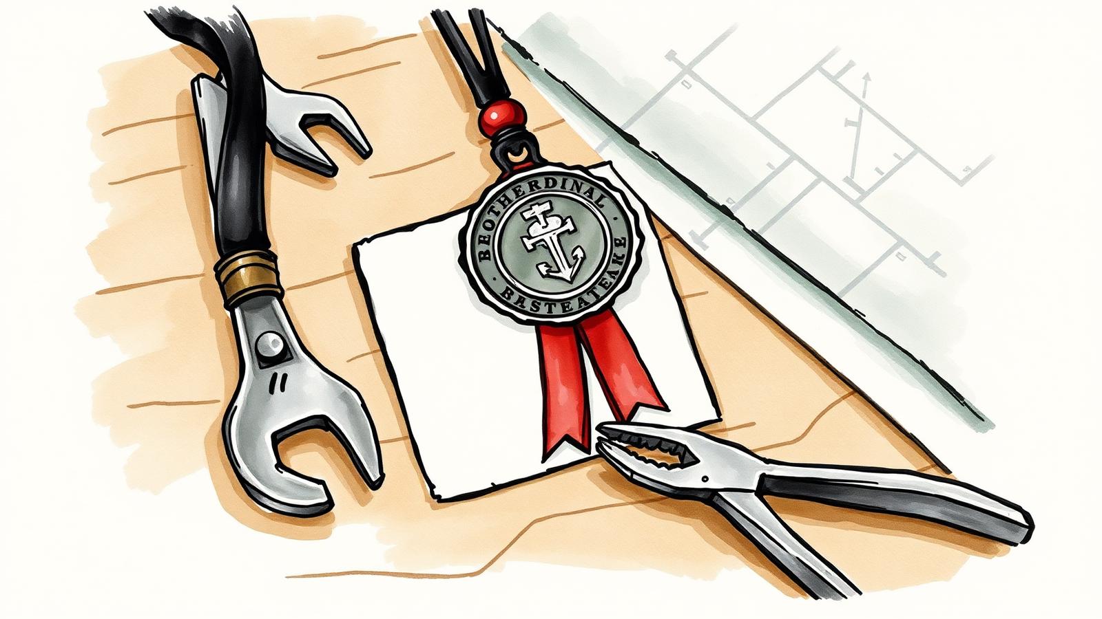 Ilustración acuarela de una credencial de matrícula con sello y cinta, junto a herramientas de oficio sobre un escritorio