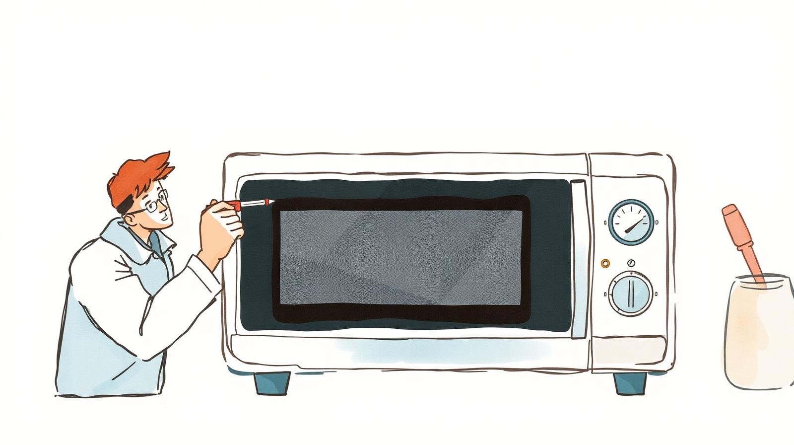 Ilustración de un técnico revisando un microondas de mesa con destornillador