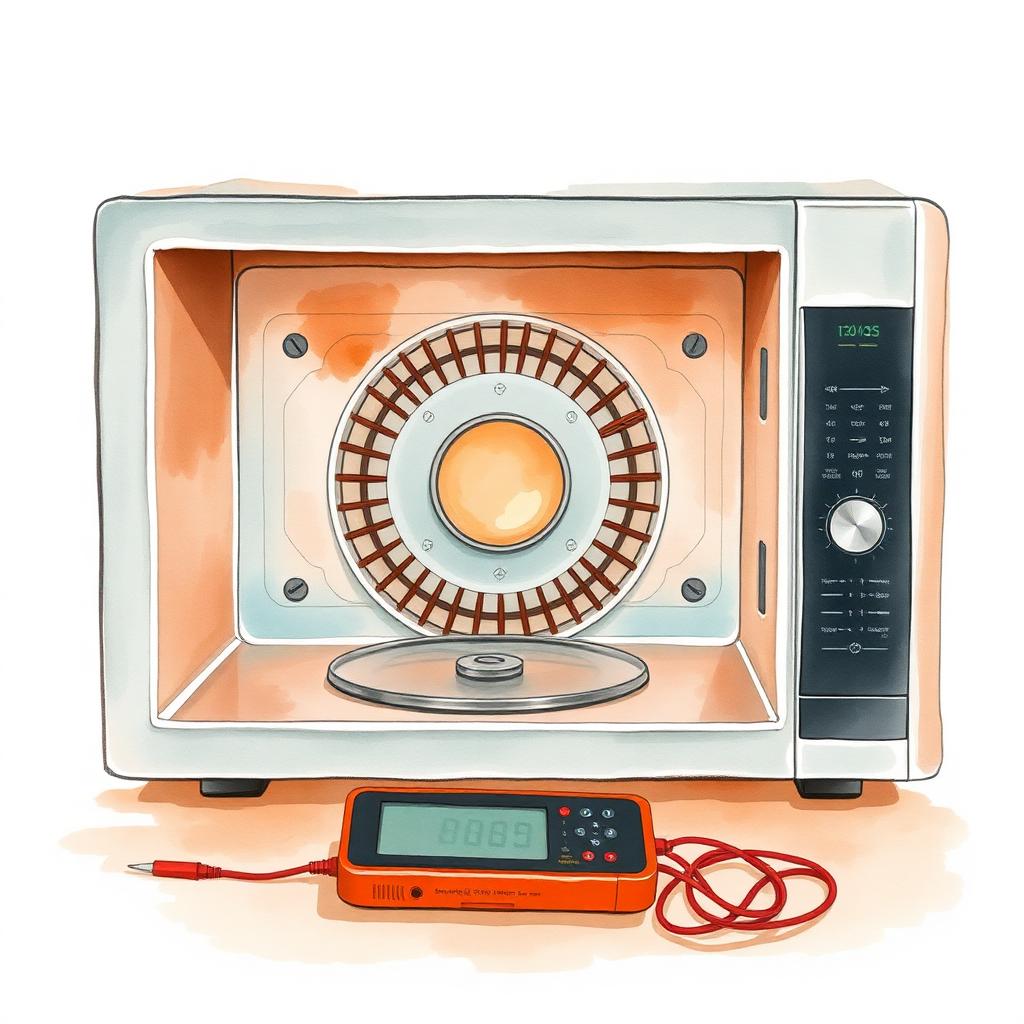 Ilustración de partes internas del microondas: magnetrón, capacitor y switch de puerta