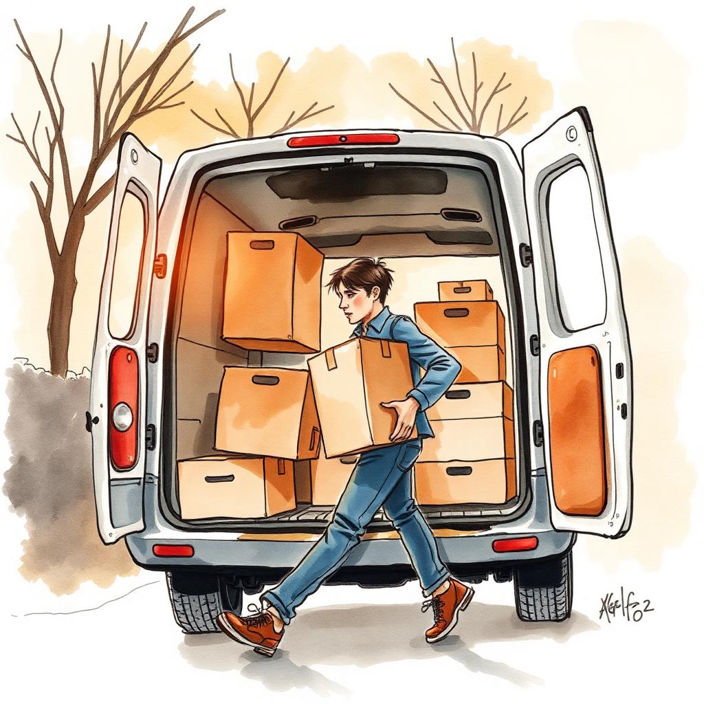 Ilustración de un mudancero cargando cajas junto a un camión en una calle de Buenos Aires