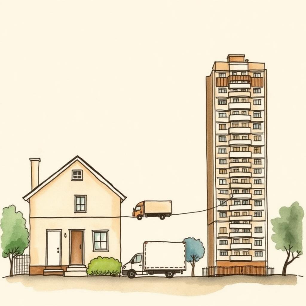 Ilustración de un mudancero cargando cajas junto a un camión en una calle de Buenos Aires