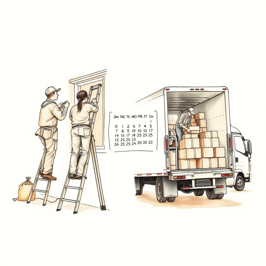 Ilustración de un mudancero cargando cajas junto a un camión en una calle de Buenos Aires