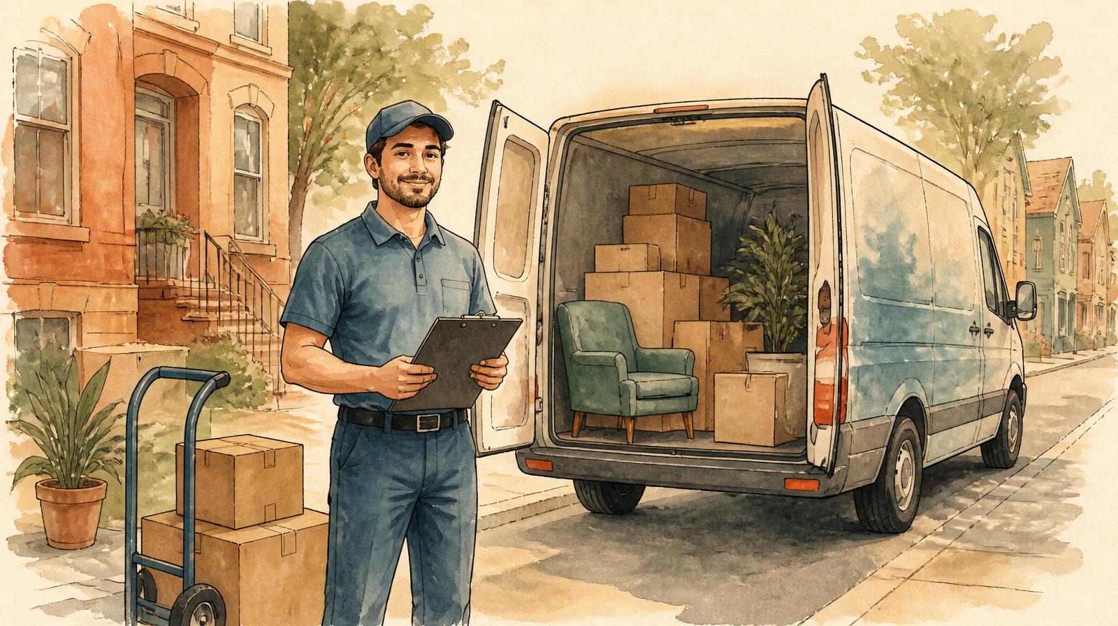 Ilustración de un mudancero con un presupuesto en clipboard junto a una camioneta