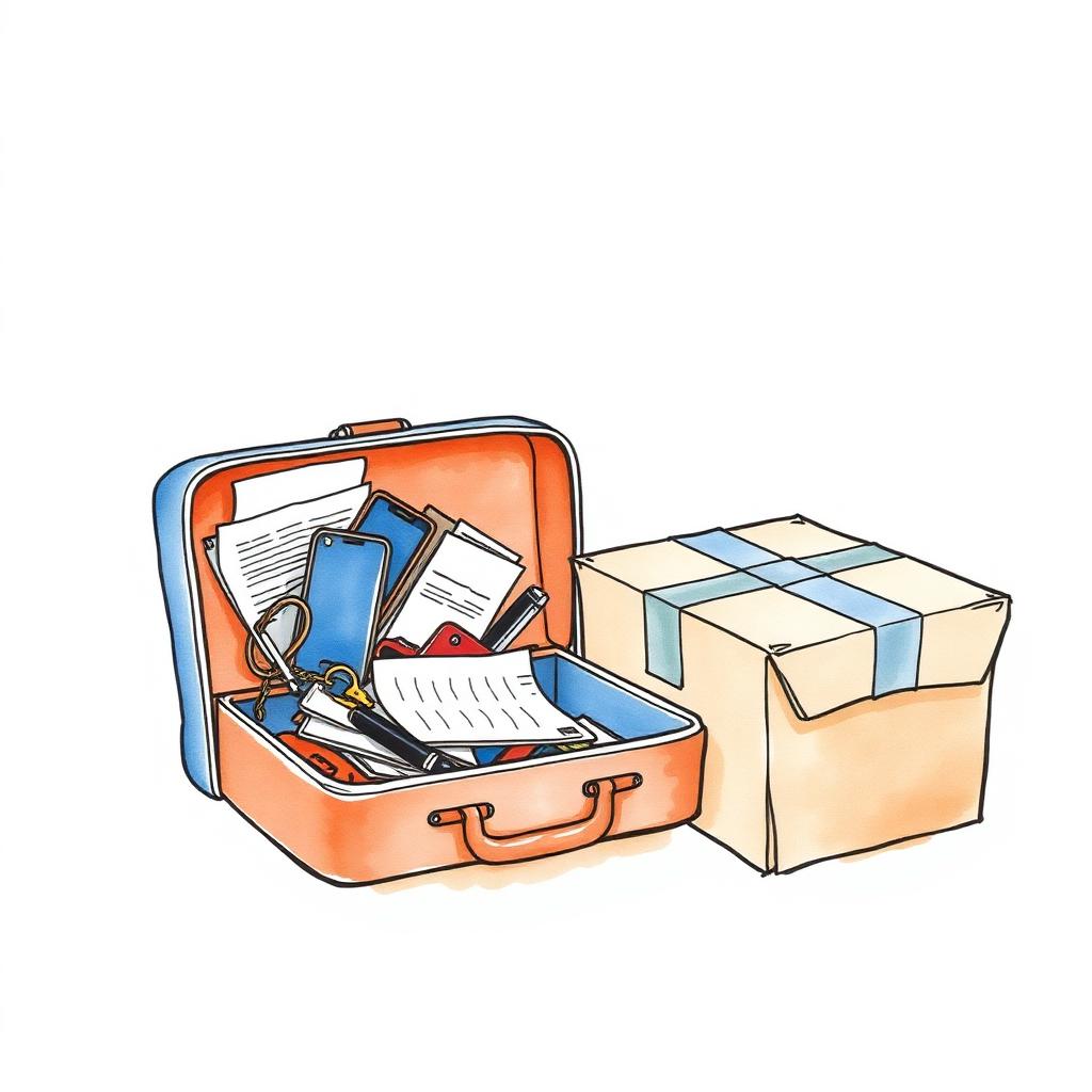 Ilustración de una persona al teléfono junto a cajas de mudanza apuradas y una valija