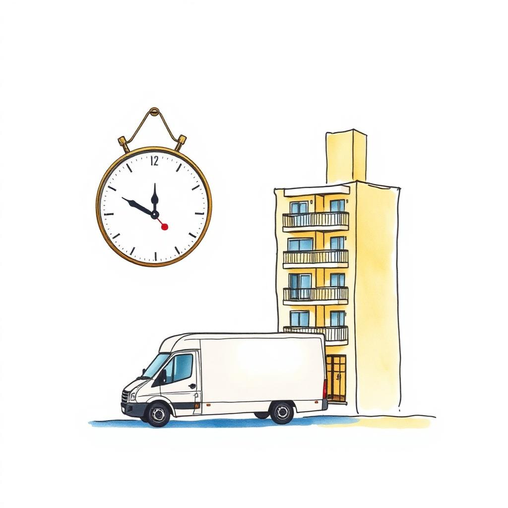 Ilustración de un reloj en la fachada de un edificio con un camión de mudanza en la puerta