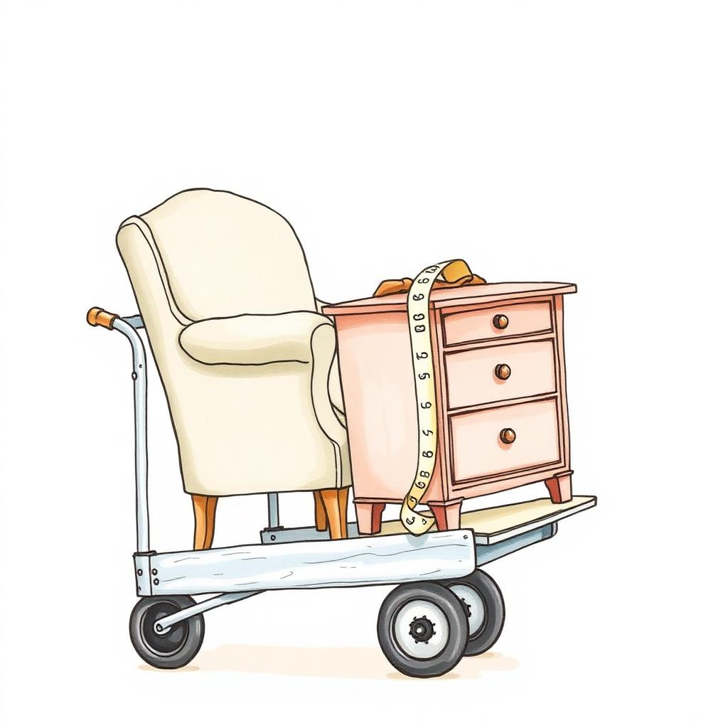 Ilustración de una camioneta flete cargada con un sillón usado y un mueble atado con sogas