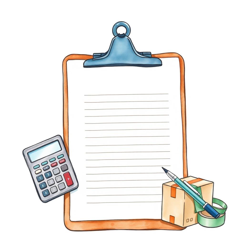 Ilustración de un presupuesto de mudanza en clipboard con lapicera y calculadora