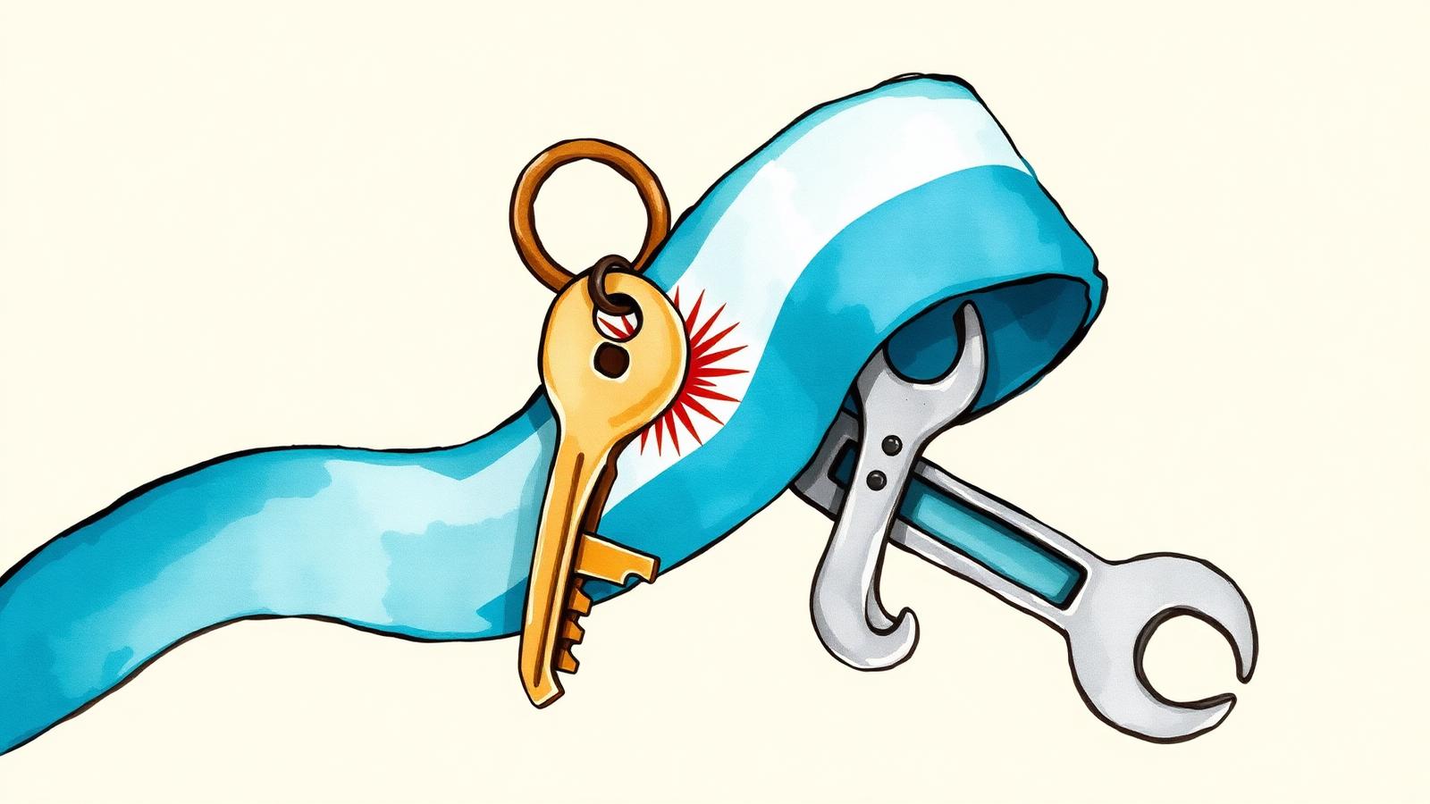 Ilustración editorial en acuarela de una llave de casa con cinta celeste y blanca argentina