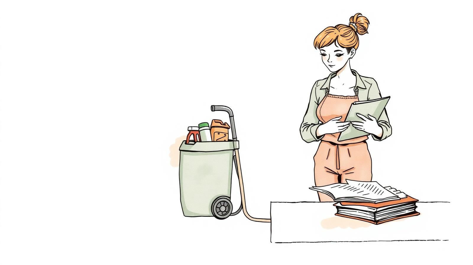 Ilustración de una emprendedora de limpieza con su carrito de insumos y papeles