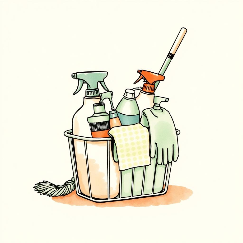 Ilustración de un canasto con insumos de limpieza, guantes y una mopa