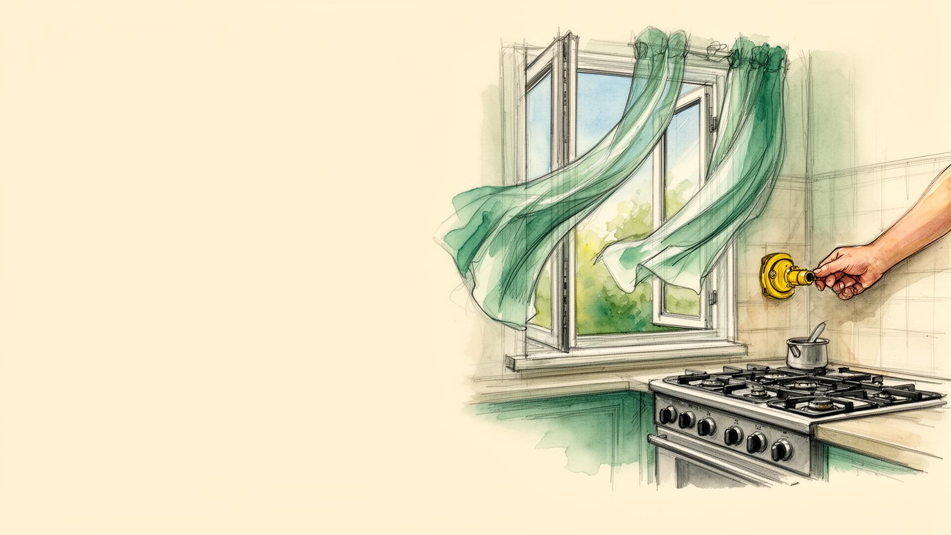 Cocina con ventana abierta y cortinas al viento mientras una mano cierra la llave de paso de gas