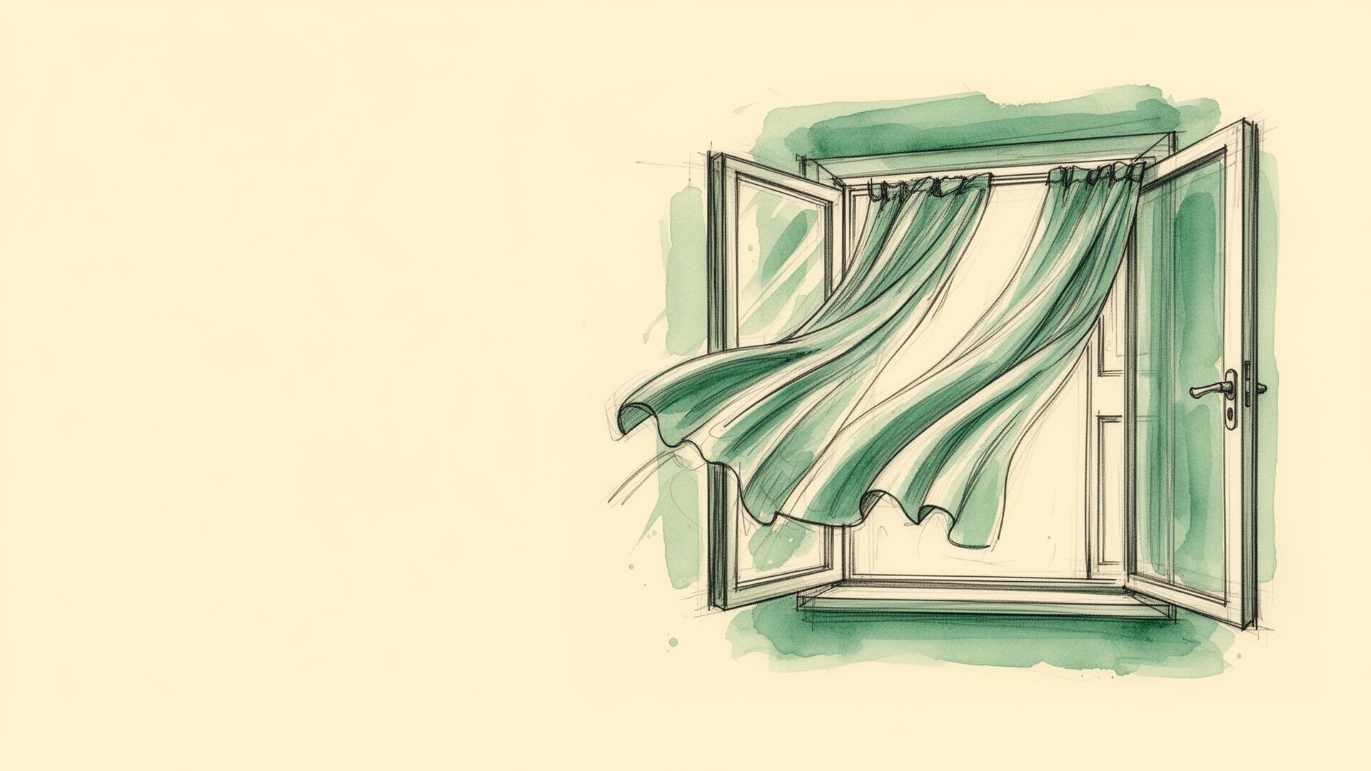 Ventana abierta con cortinas al viento y una puerta abierta al costado