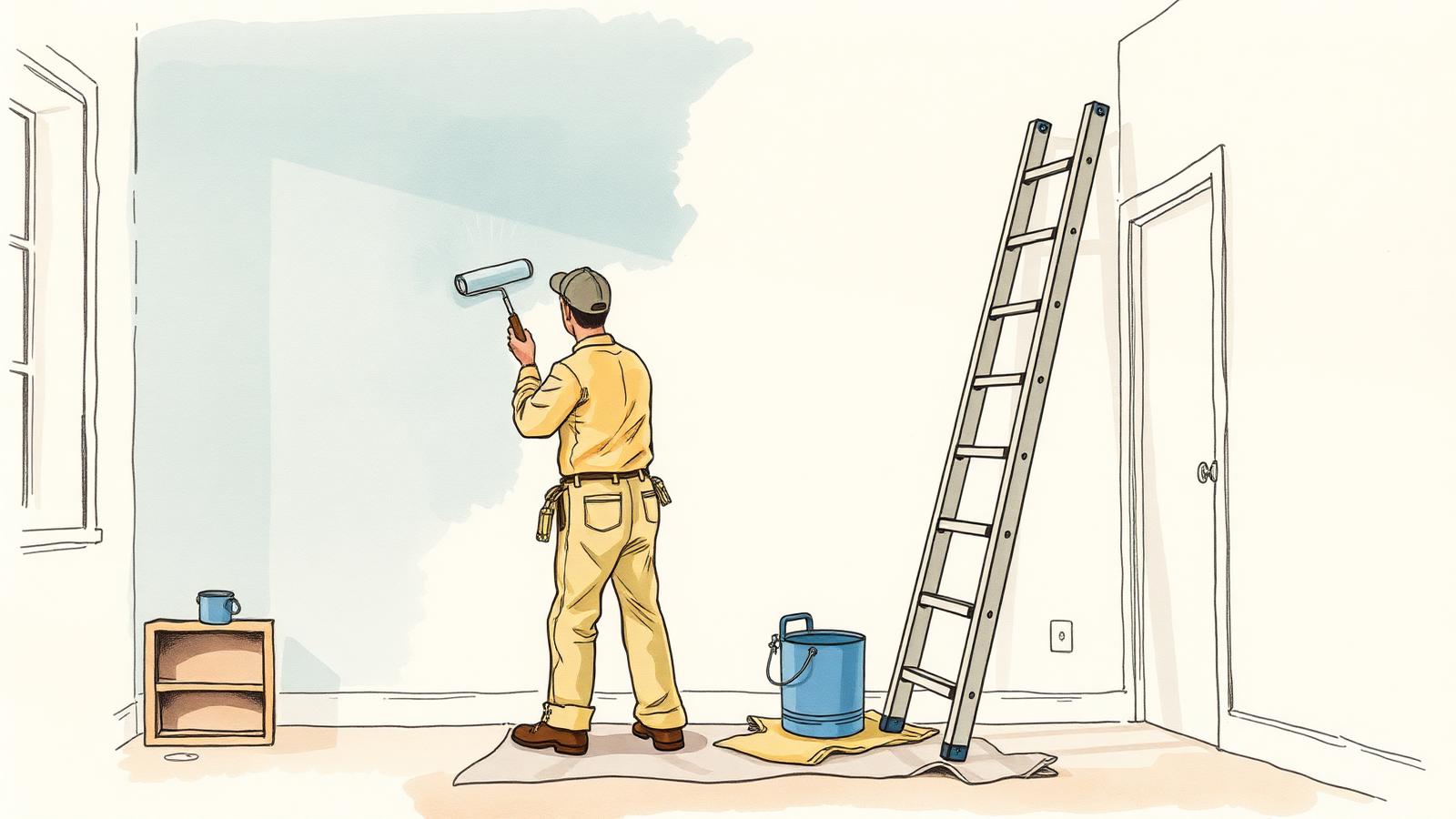 Ilustración de un pintor calculando un presupuesto sobre una pared recién pintada