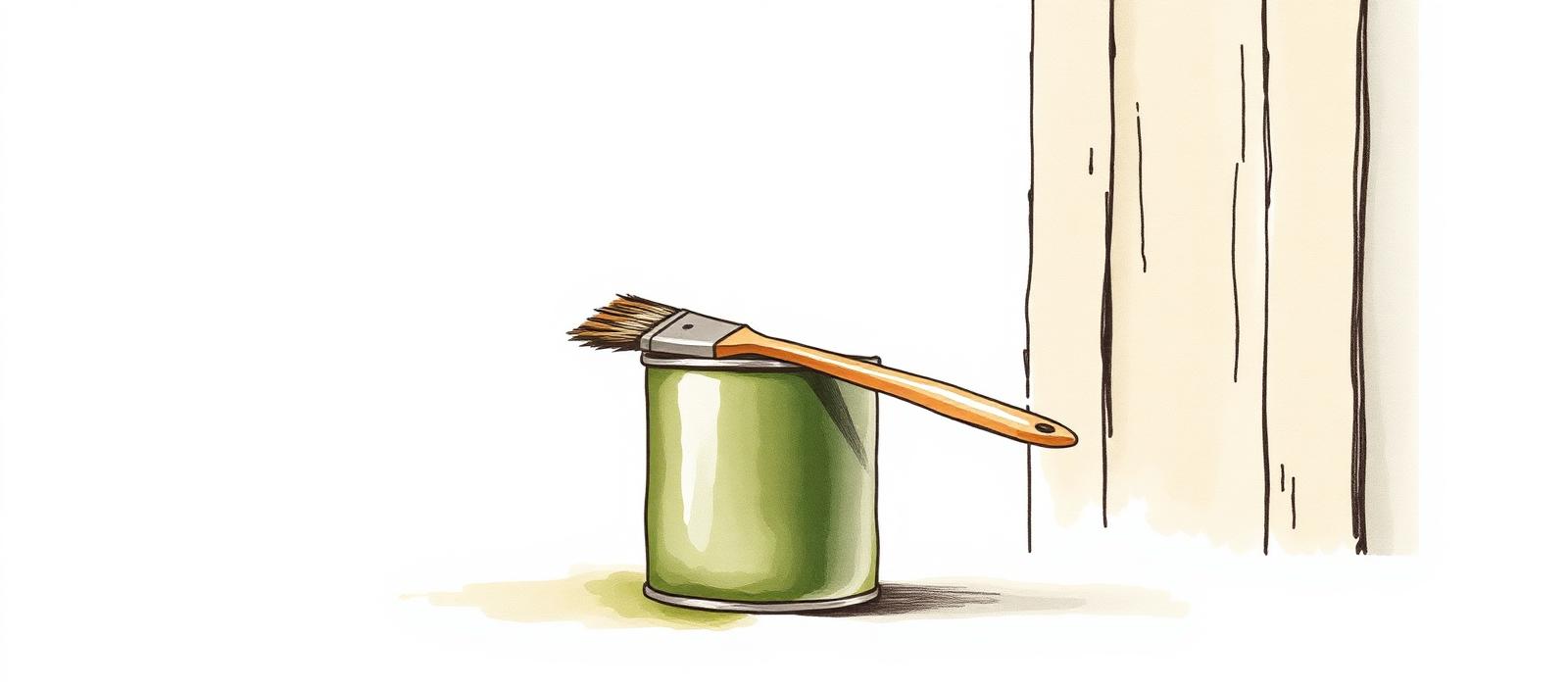 Ilustración acuarela de una lata de esmalte brillante con un pincel apoyado encima junto a un marco de puerta de madera