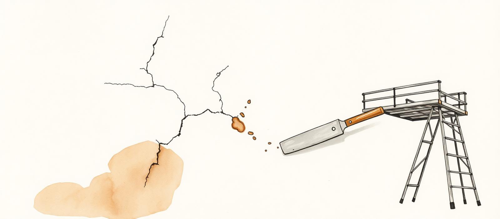 Ilustración de una pared con grietas y una espátula de enduido apoyada al lado