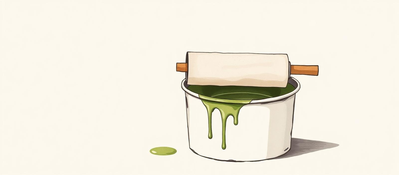 Ilustración acuarela de un balde abierto de pintura látex al agua con un rodillo apoyado encima