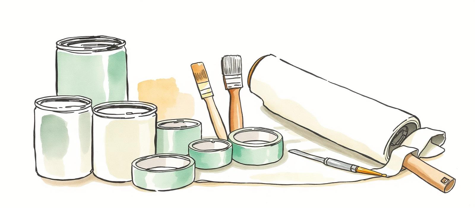 Ilustración de latas de pintura, rodillos, pinceles y cinta de enmascarar sobre un piso protegido
