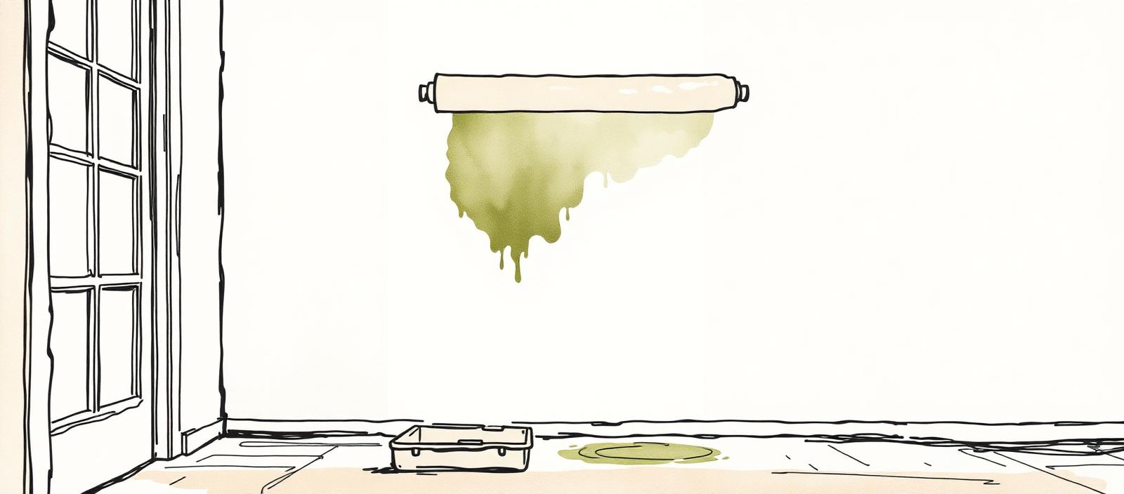Ilustración acuarela de un rodillo aplicando pintura sobre una pared interior con una bandeja en el piso