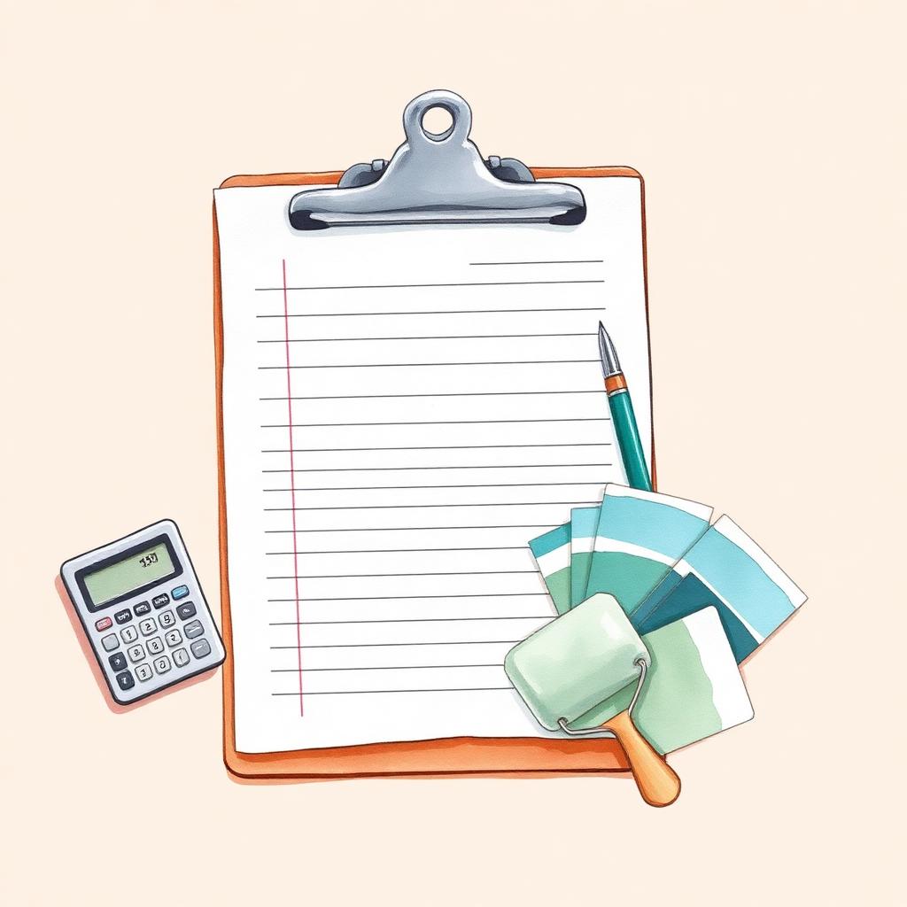 Ilustración de un presupuesto de pintura en clipboard con lapicera y calculadora