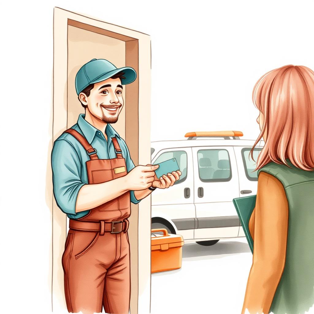 Ilustración de un plomero entregando su tarjeta a una clienta nueva