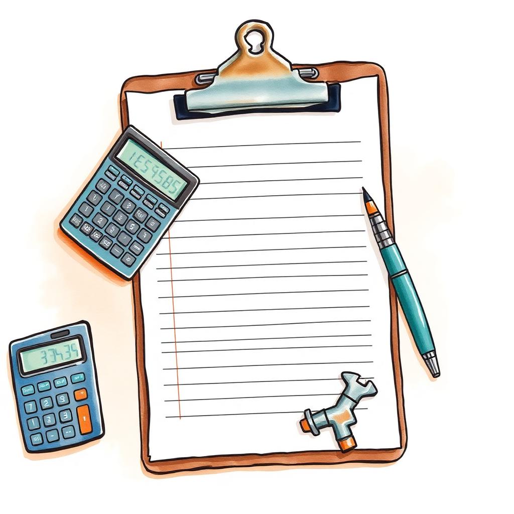 Ilustración de un presupuesto de plomería en clipboard con lapicera y calculadora