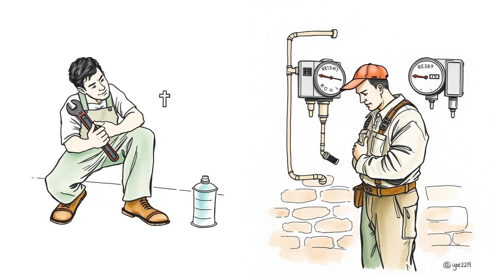 Ilustración acuarela de un plomero a la izquierda con una llave inglesa y un gasista matriculado a la derecha revisando un medidor de gas