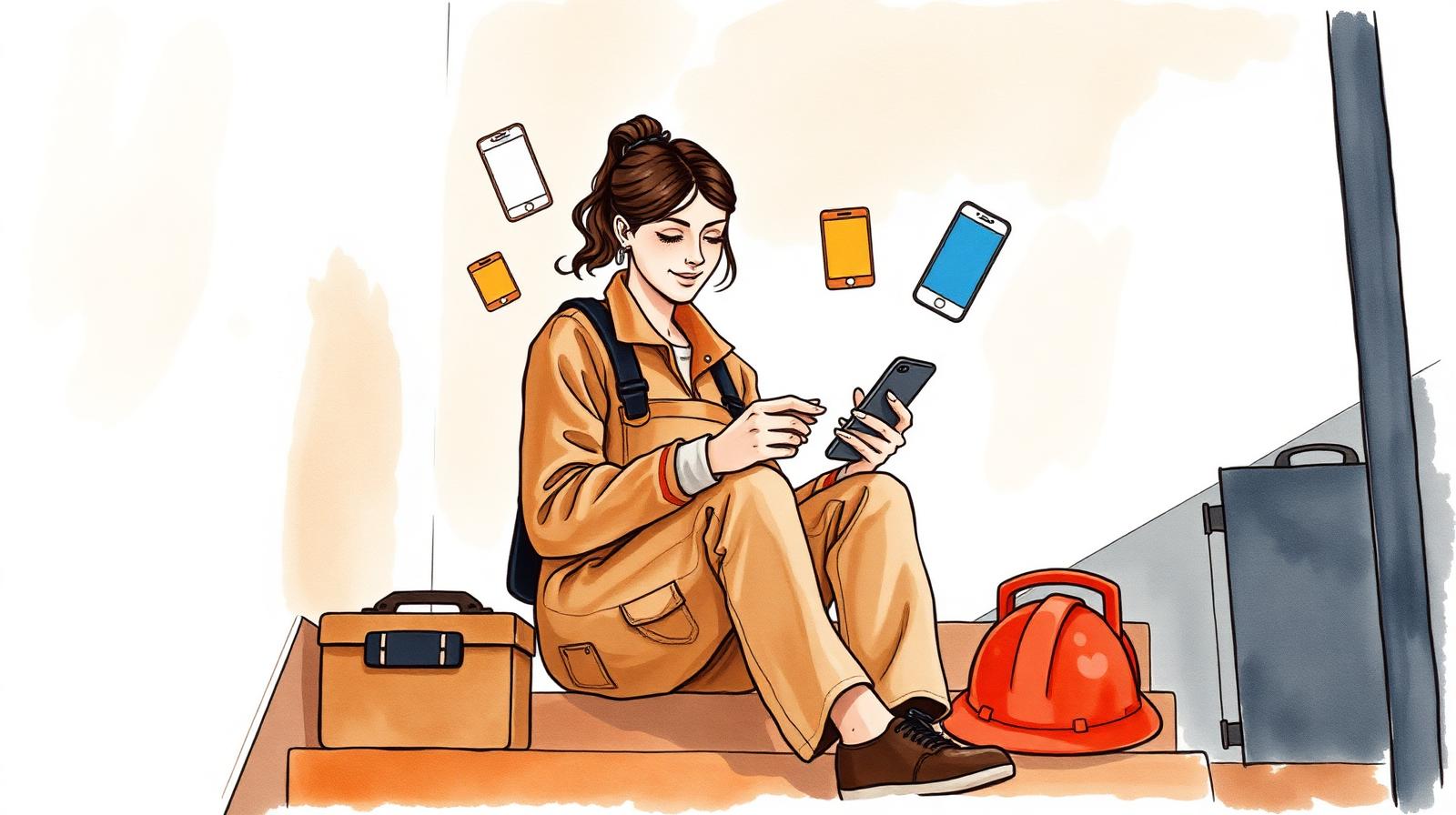 Ilustración de una profesional revisando apps de trabajo en su celular
