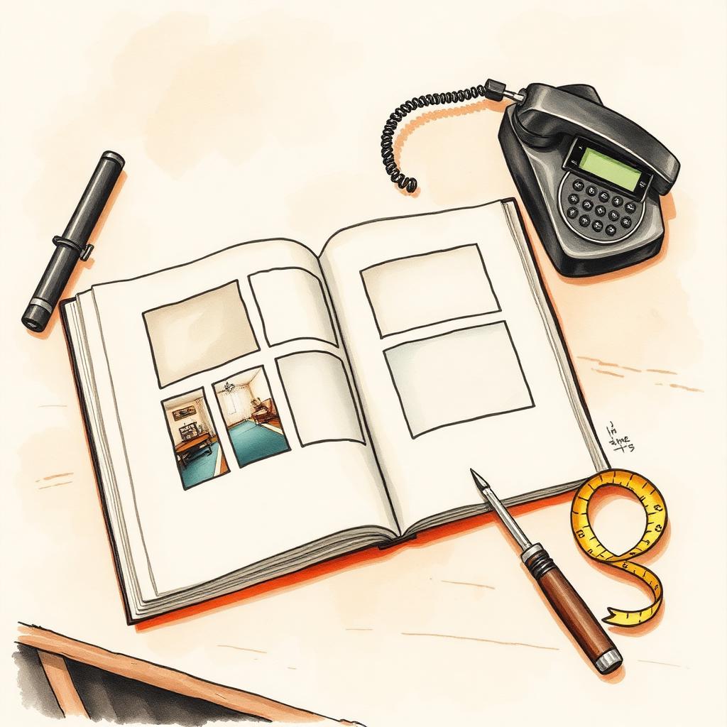 Ilustración de un álbum con fotos de trabajos terminados junto a un celular