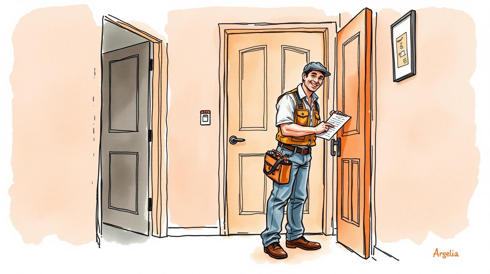 Ilustración de un electricista saludando a un cliente en la puerta de su casa