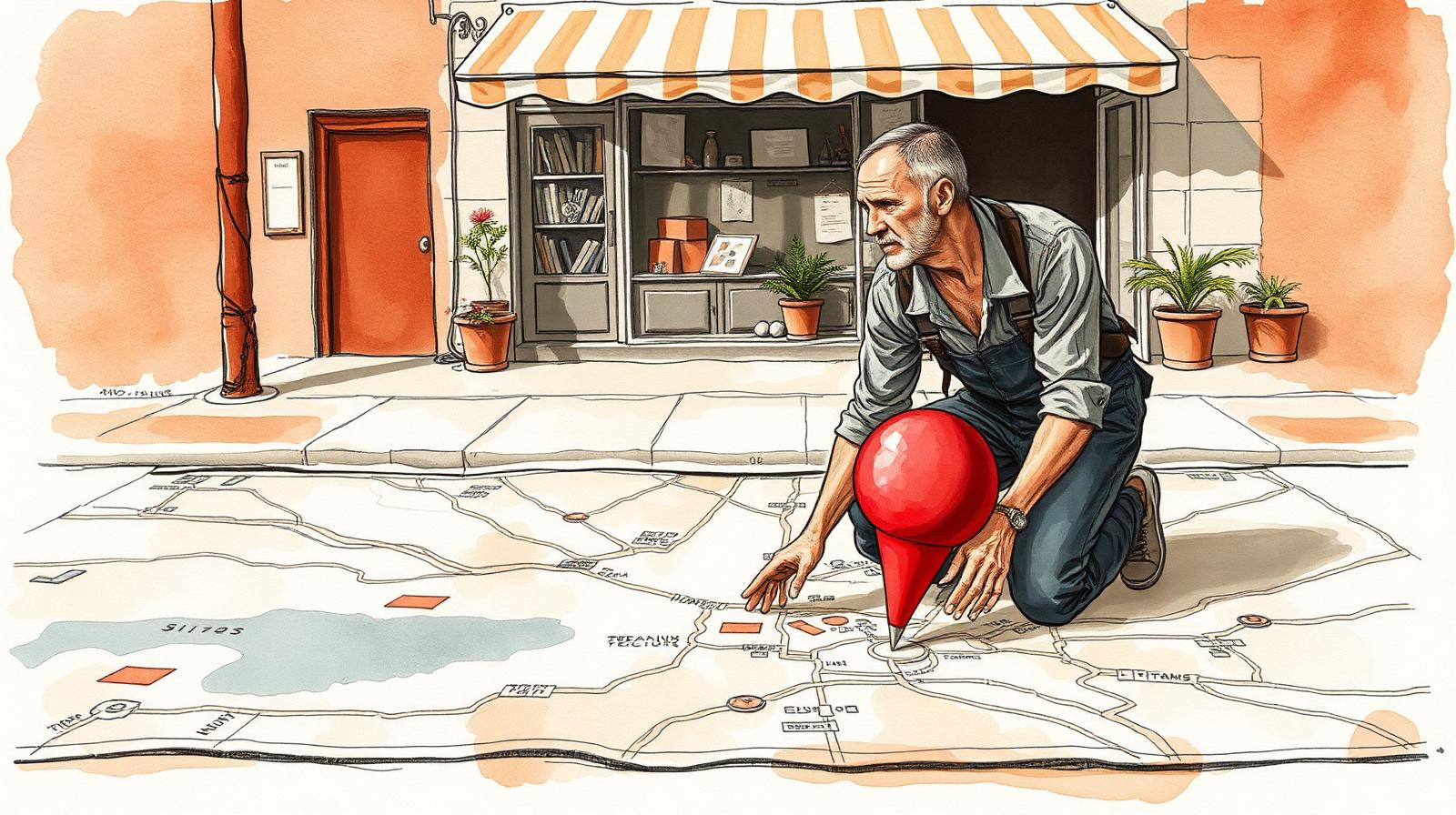 Ilustración de un profesional colocando un pin en un mapa de la ciudad