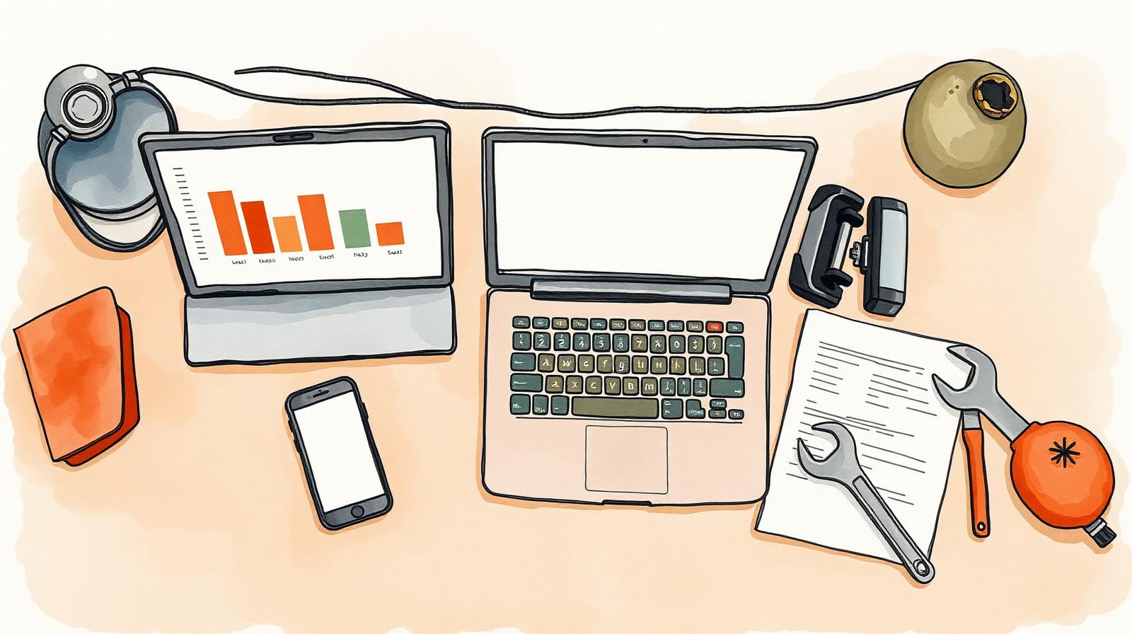 Ilustración del escritorio de un profesional con notebook, celular y herramientas