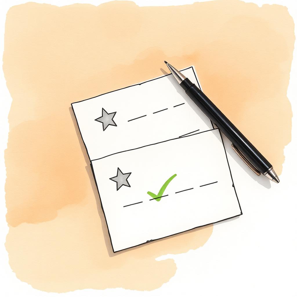 Ilustración de dos tarjetas de reseña y una lapicera
