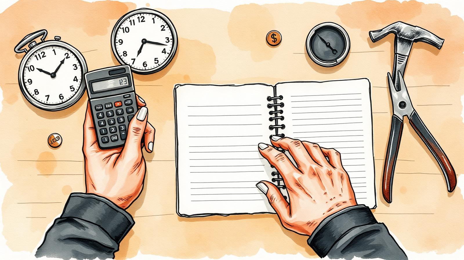 Ilustración de manos calculando la tarifa por hora con calculadora, reloj y cuaderno