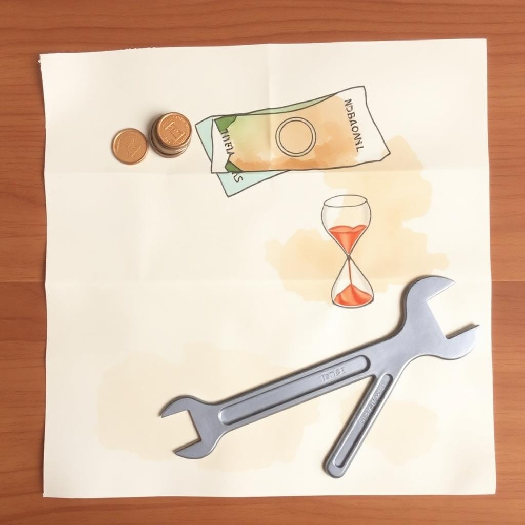 Ilustración de monedas, un reloj de arena y una llave inglesa