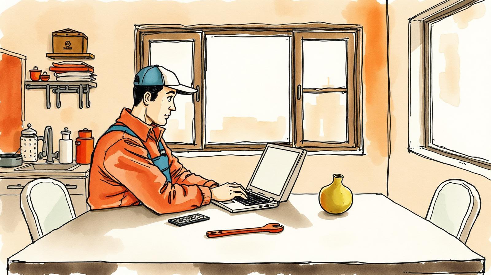 Ilustración de un plomero armando su página web en una notebook