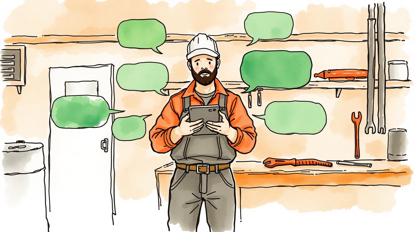 Ilustración de un profesional gestionando mensajes desde su taller