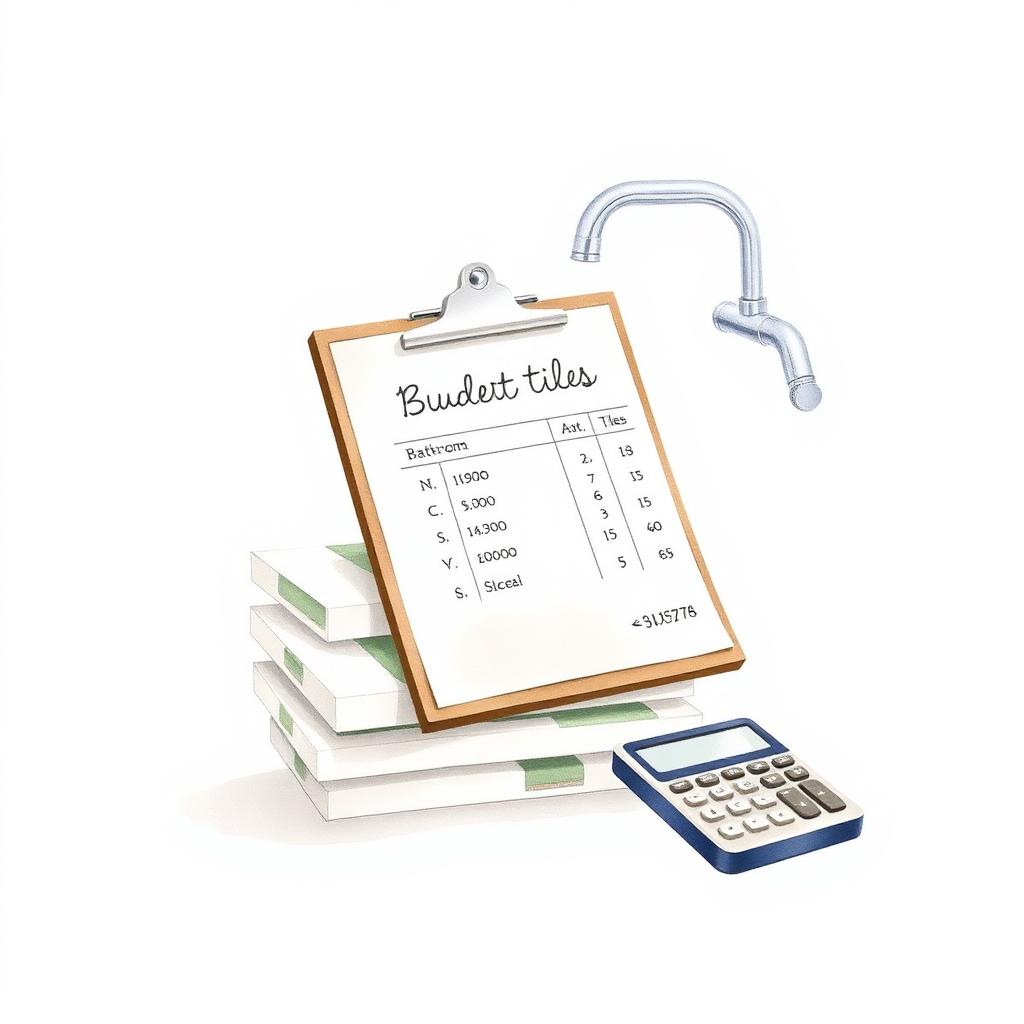 Ilustración de un presupuesto de reforma de baño en clipboard con cerámicos, grifería y calculadora