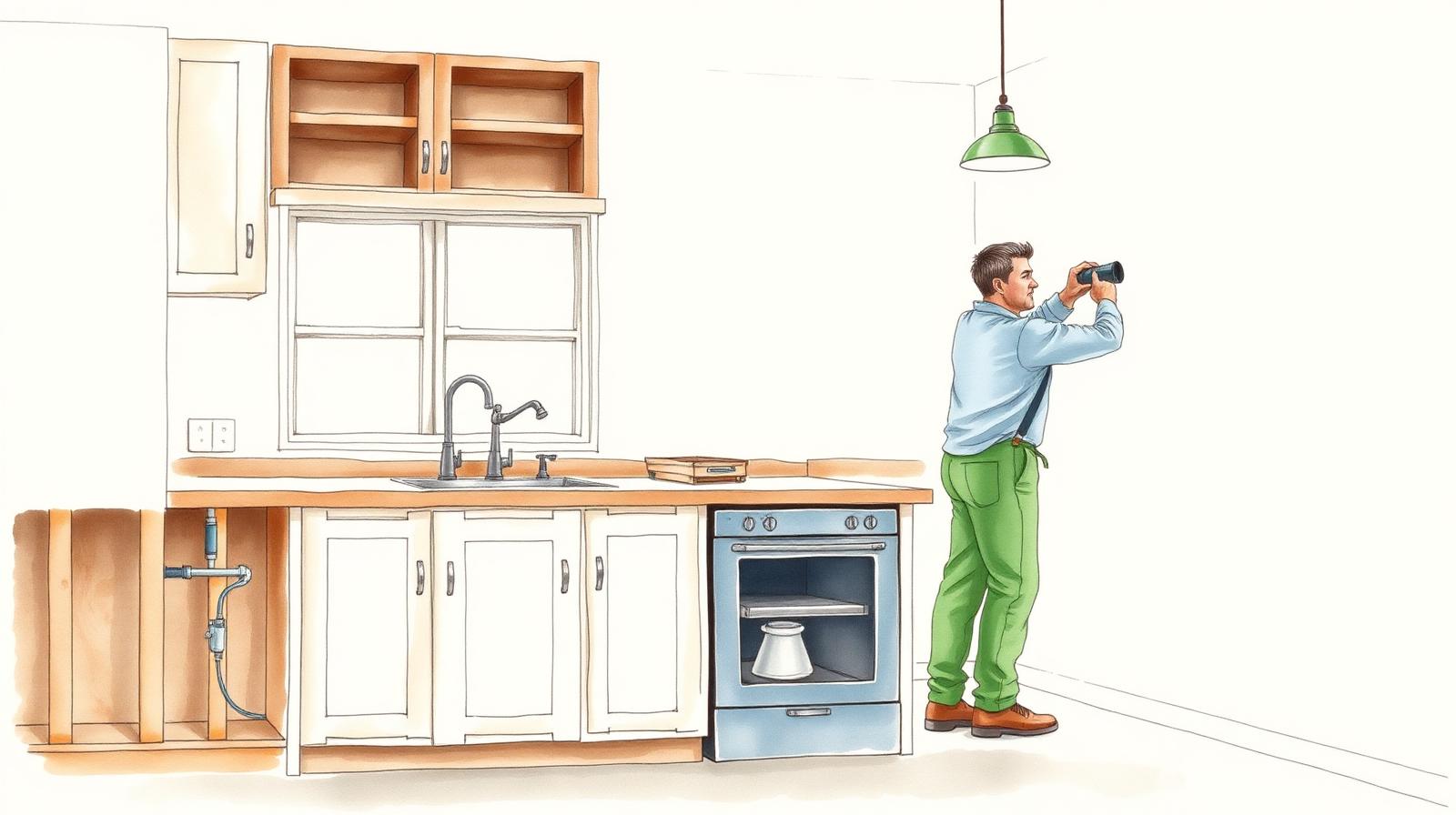 Cocina en obra con muebles bajo mesada sin terminar, cañerías a la vista y herramientas de varios gremios