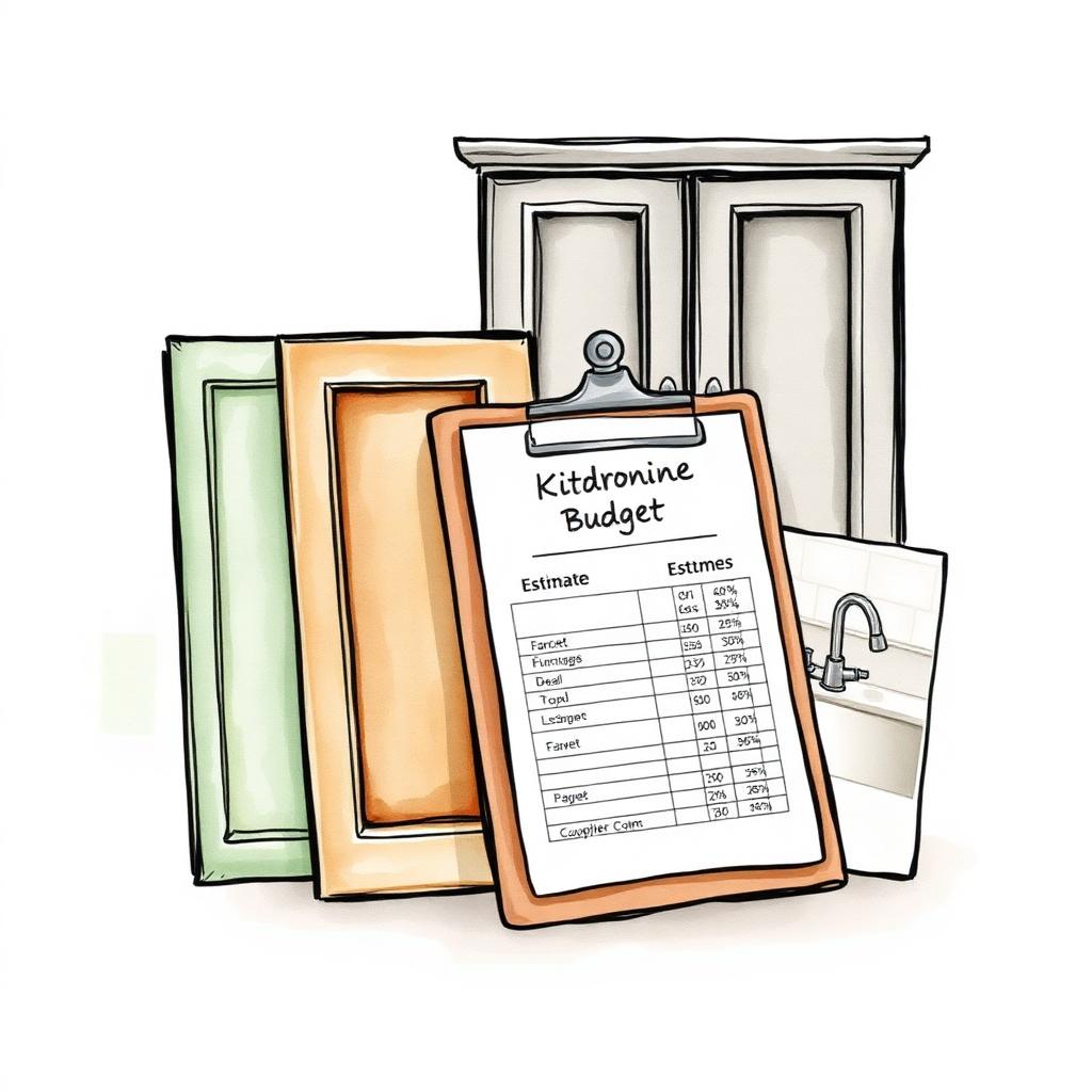 Ilustración de un presupuesto de reforma de cocina en clipboard con puertas de muebles y muestras de mesada