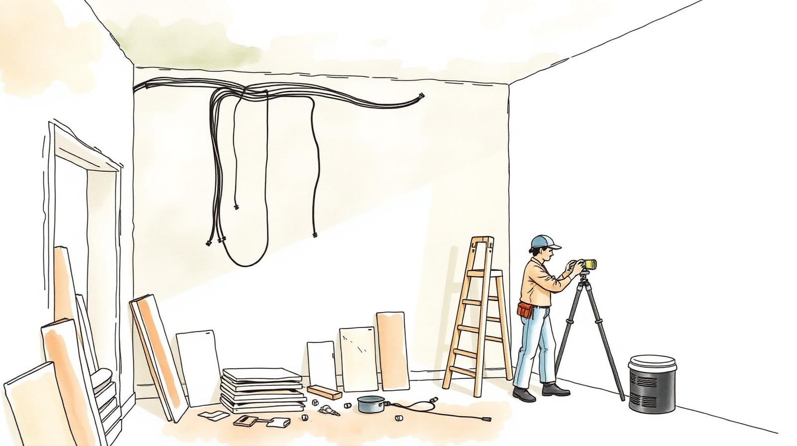 Departamento de dos ambientes en obra, con paredes sin pintar, cables a la vista y materiales de construcción apilados