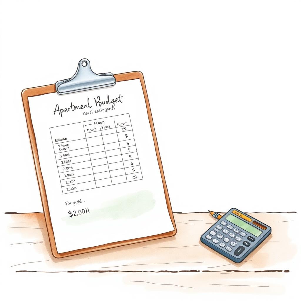 Ilustración de un presupuesto de reforma de departamento en clipboard con el plano y una calculadora sobre una mesa