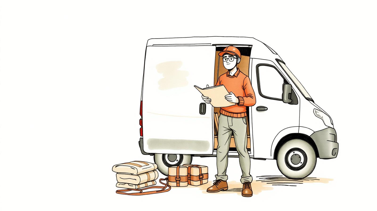 Ilustración de un fletero con una carpeta de documentos frente a su camioneta