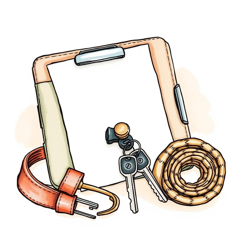 Ilustración de un clipboard con papeles, llaves de camioneta y una correa de carga