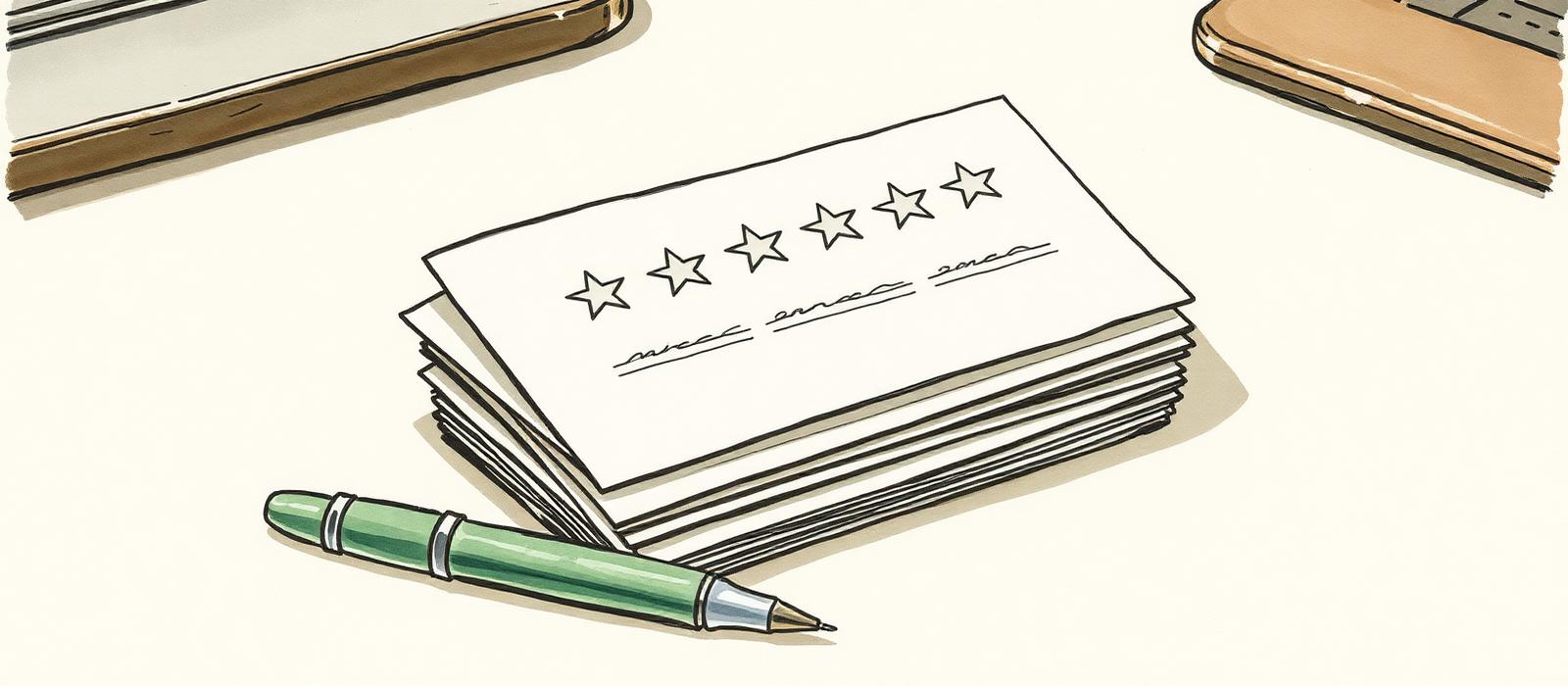 Ilustración acuarela de tarjetas de reseñas con cinco estrellas y una lapicera