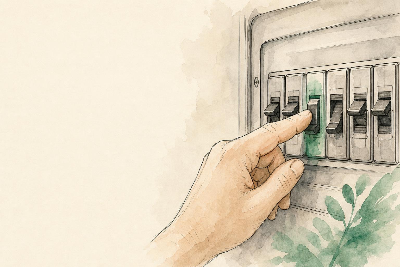 Mano accionando la palanca de una térmica en un tablero eléctrico residencial