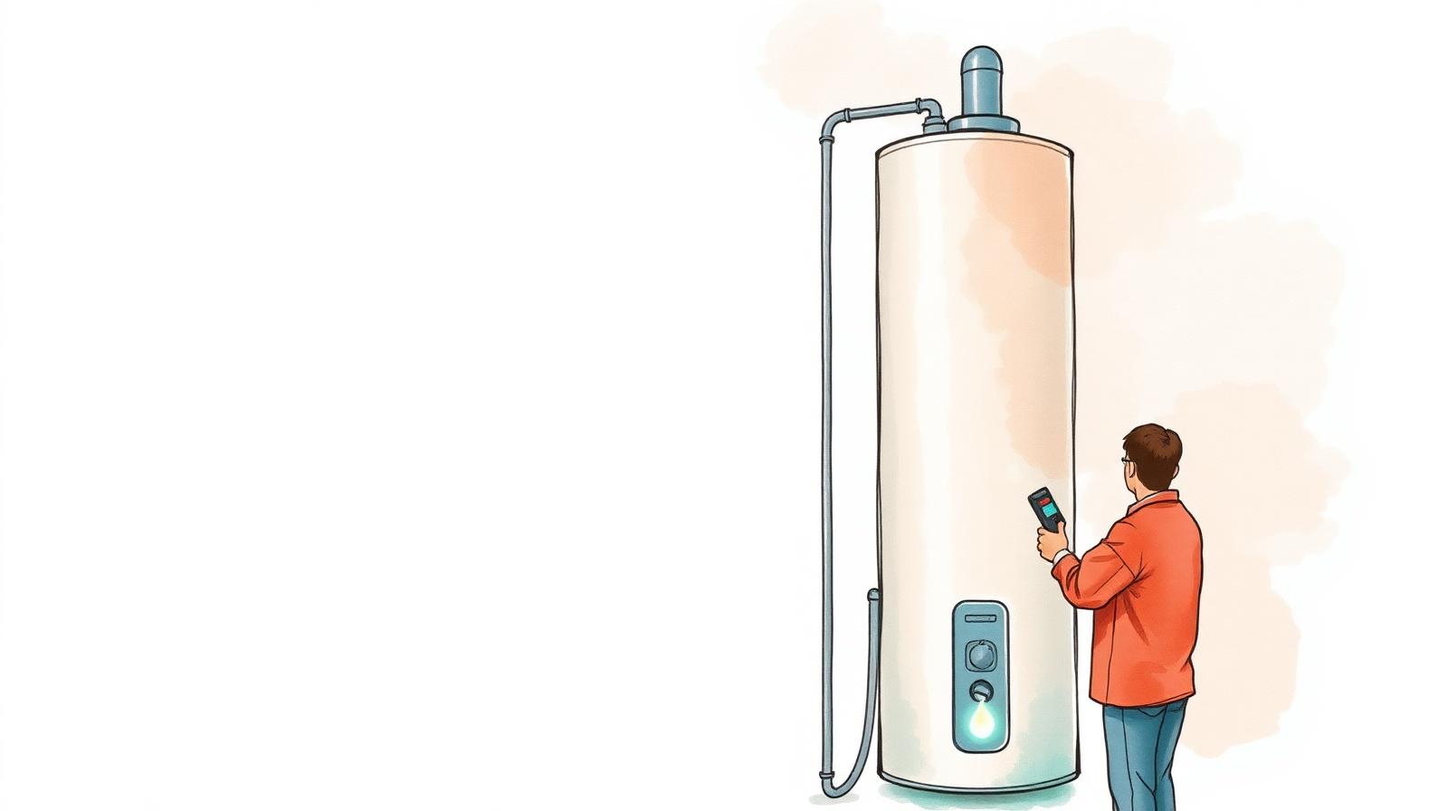 Ilustración de un gasista revisando un termotanque alto con piloto encendido