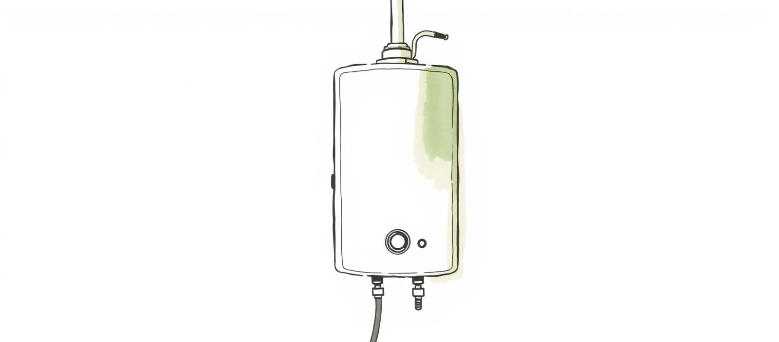 Ilustración acuarela de un termotanque eléctrico colgado en la pared con cableado eléctrico