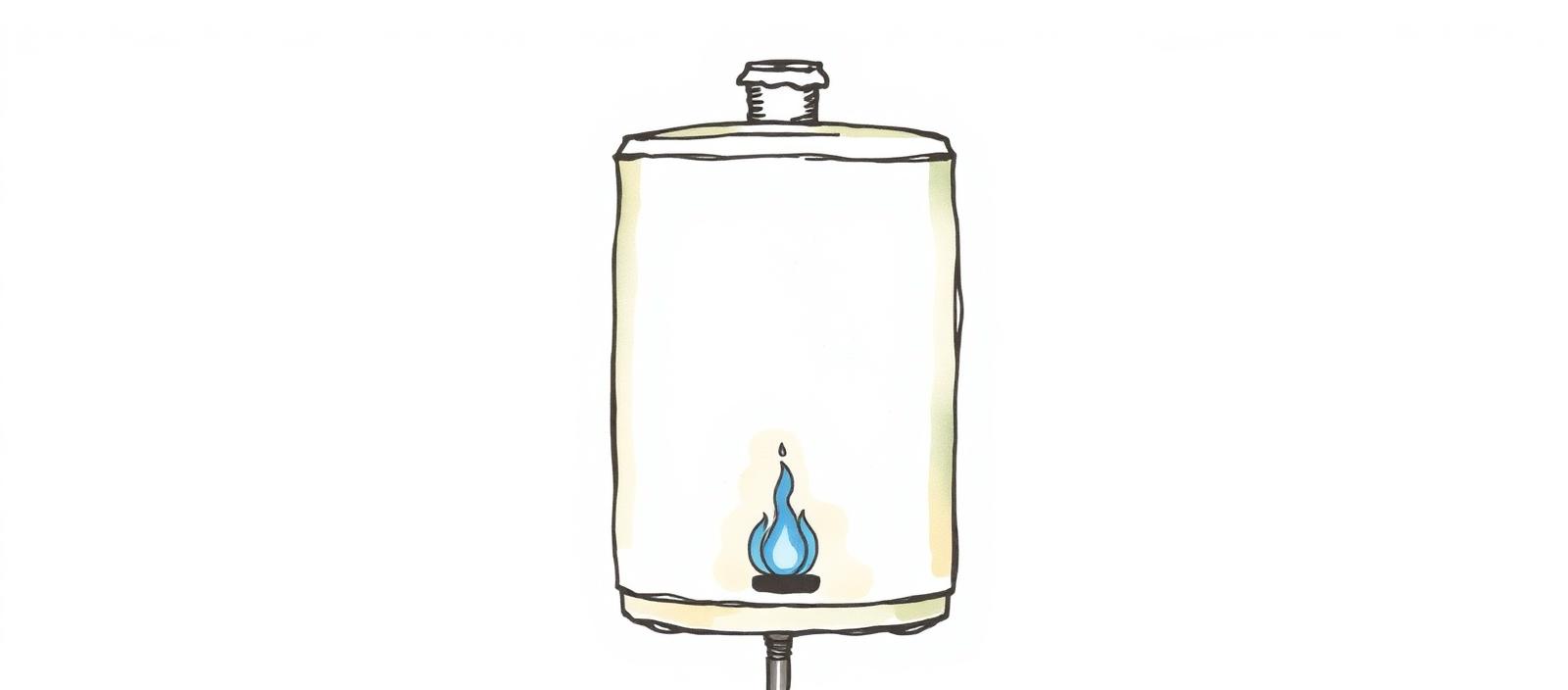 Ilustración acuarela de un termotanque a gas con una pequeña llama azul y el conducto de ventilación